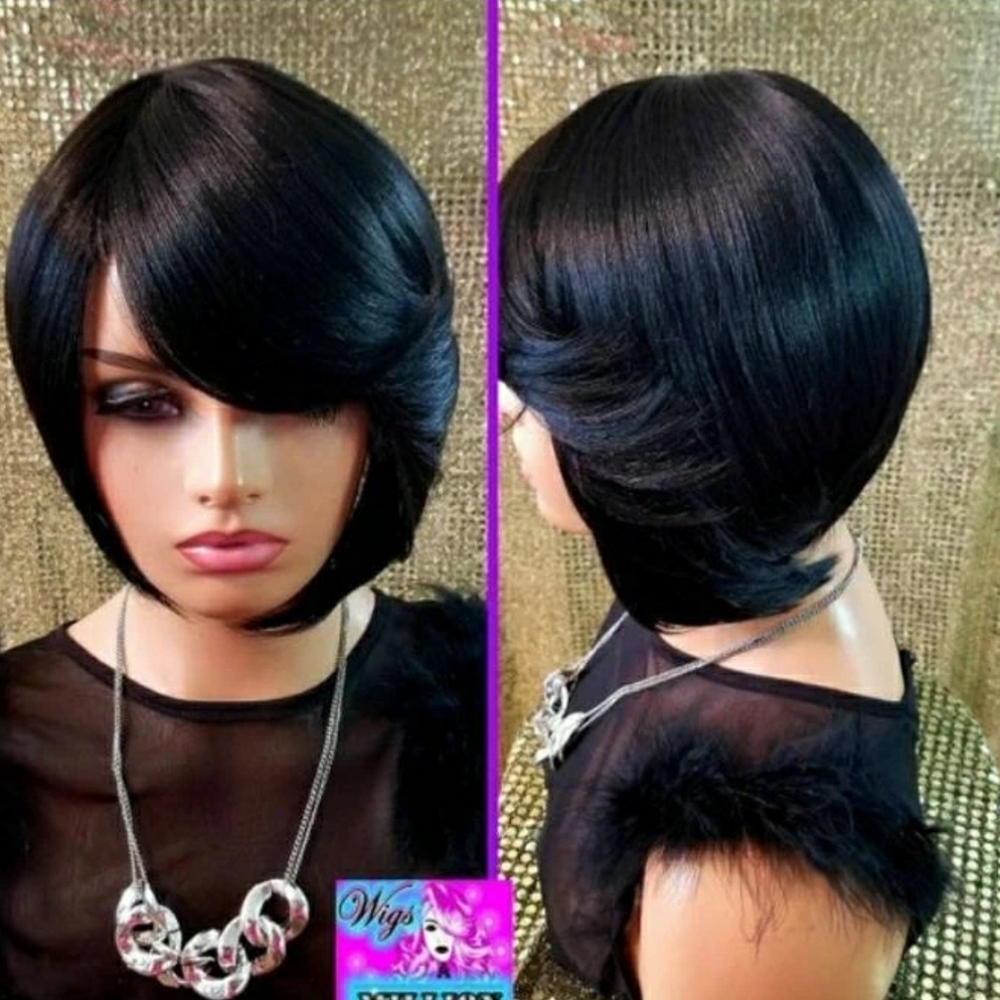 Tari P. Henson" black heat resistant.Synthetic Wig swoop bang bob wig, Glueless